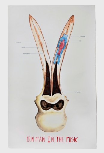 LION MAN IN THE TUSK, 2017-2018 Aquarelle préparatoire pour l’Homme Lion, 98 x 58,5 cm Abraham Poincheval / agence pièces montées © J.-F. Peiré, Drac Occitanie