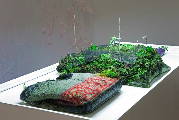 Michel Blazy, Pull Over Time, 2013, pull, sweat-shirts, plantes, eau, dimensions variables. Photo: Dorine Potel. Courtesy de l’artiste et Art: Concept, Paris