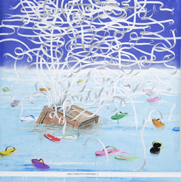 Gilles Barbier, Sur la mer (les naufrages) #2, 2020. Technique mixte sur papier, 190 x 190 cm ©JC Lett