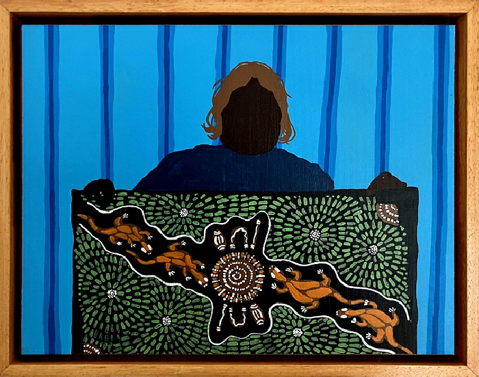 Camille Castillon, Tanya Bulla showing her painting, Alice Springs, 2023. Acrylique sur toile marouflée, 30 cm x 40 cm.